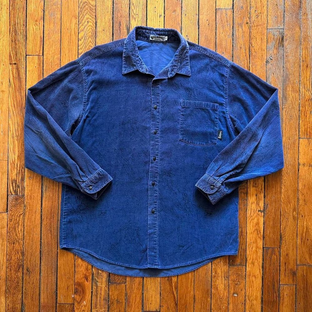 Vintage‎ 80s Billabong Men Blue Purple Black Wave Graphics Corduroy Button Shirt